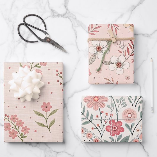 Wildflowers Pink Pastel Botanical Garden Floral Inpakpapier Vel (Voorkant)