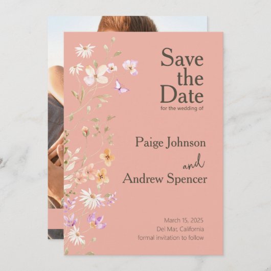 Wildflowers Pinks Wedding Save the Date Kaart (Voorkant / Achterkant)