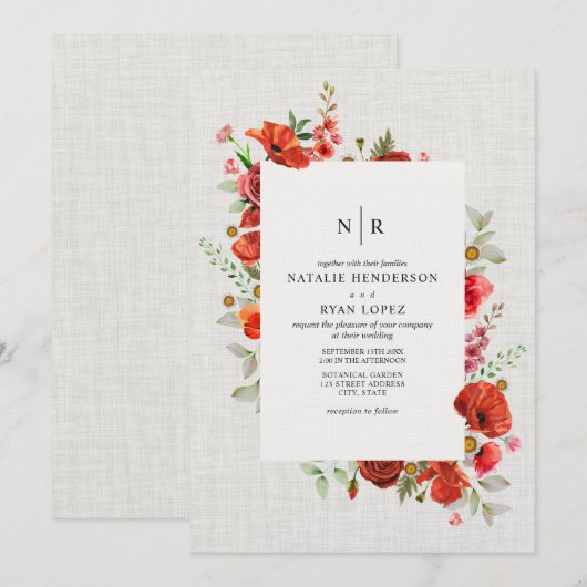 Wildflowers Red Poppy Bloemen Linnen bruiloft Kaart (Voorkant / Achterkant)