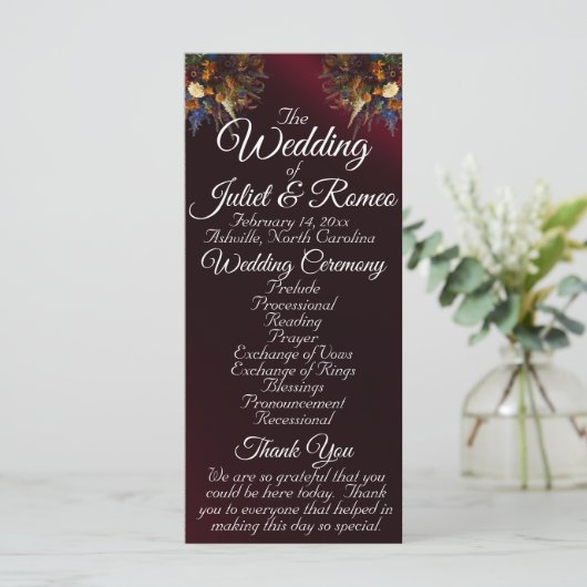 Wildflowers & Ribbon - Bourgondisch huwelijksprogr Programmakaart (Staand voorkant)