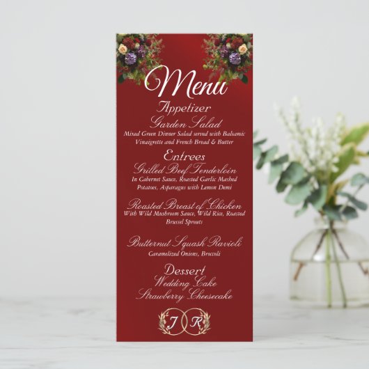 Wildflowers & Ribbon - Rode bruiloft Menu (Staand voorkant)