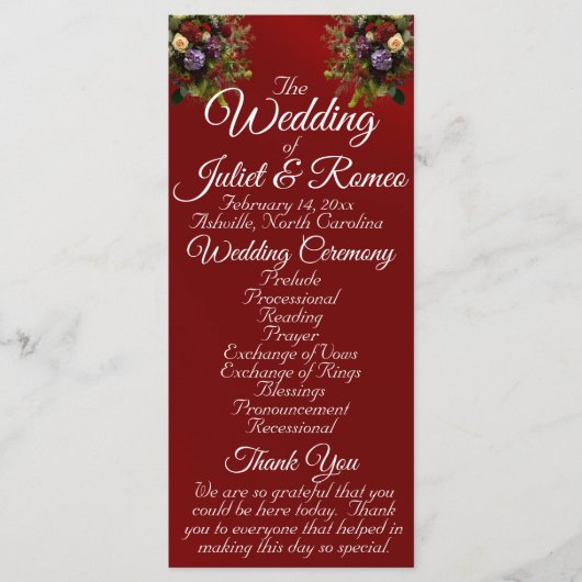 Wildflowers & Ribbon - Rode bruiloft Programmakaart (Voorkant)