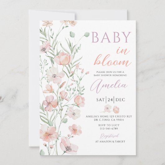 Wildflowers Roze Baby in Bloom Baby shower Kaart (Voorkant)