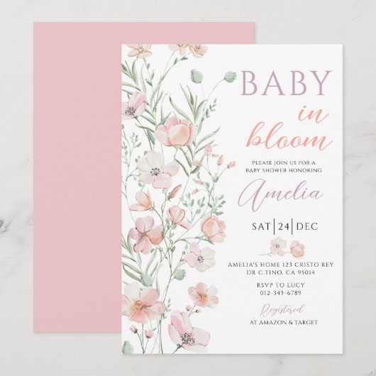 Wildflowers Roze Baby in Bloom Baby shower Kaart (Voorkant / Achterkant)