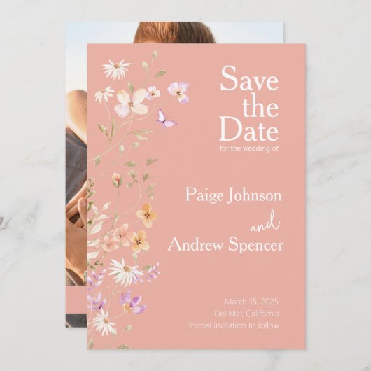 Wildflowers Roze bruiloft Bewaar de datum Kaart (Voorkant / Achterkant)