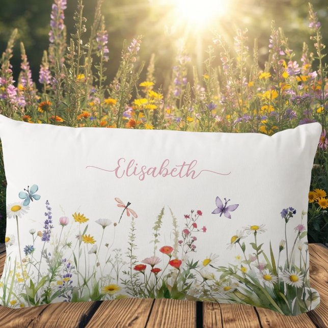 Wildflowers Roze Script Naam Kussen (Wildflowers Pink Script Name Lumbar Pillow)