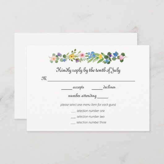 Wildflowers RSVP met menu selectie reactie Kaart (Voorkant / Achterkant)