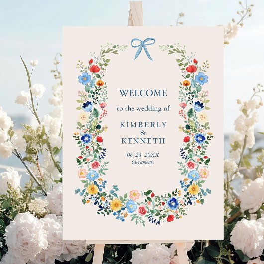 Wildflowers Rustic Blue Bow Wedding Welkom Poster