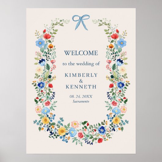 Wildflowers Rustic Blue Bow Wedding Welkom Poster (Voorkant)