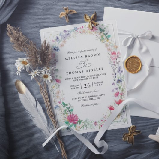 Wildflowers Rustic Elegant Modern QR Code Wedding Kaart