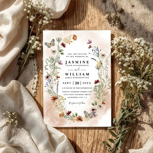 Wildflowers Rustic Elegant Modern QR Code Wedding Kaart