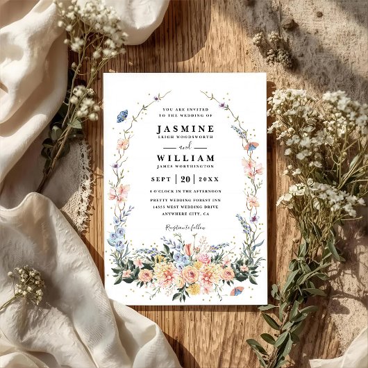 Wildflowers Rustic Spring Dusty QR Code Wedding Kaart