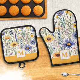  Wildflowers Rustiek Elegant Monogrammed Ovenwant & Pannenlap Set