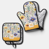  Wildflowers Rustiek Elegant Monogrammed Ovenwant & Pannenlap Set (Voorkant / Achterkant)