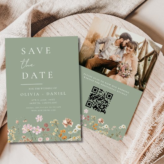 Wildflowers Sage Green Foto QR Code Bewaar de datu Save The Date