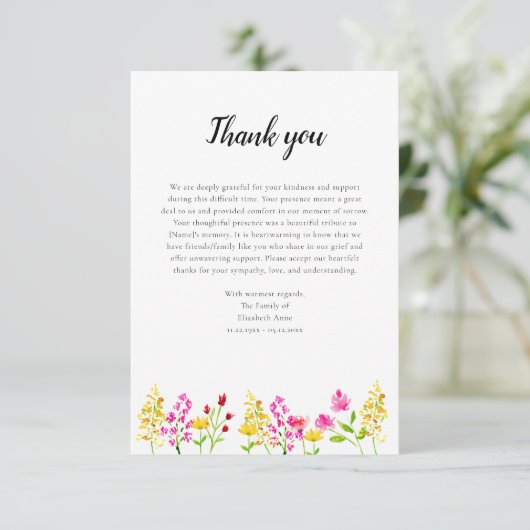 Wildflowers Script Funeral Thank you Watercolor Bedankkaart (Staand voorkant)