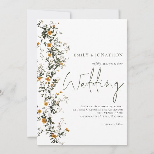  Wildflowers Script Sage Yellow Wedding Kaart (Voorkant)