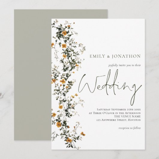 Wildflowers Script Sage Yellow Wedding Kaart (Voorkant / Achterkant)