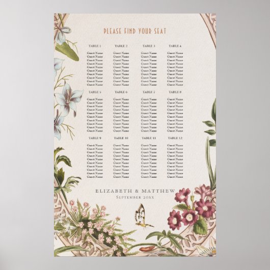 Wildflowers Seating Chart Vintage Wedding Poster (Voorkant)