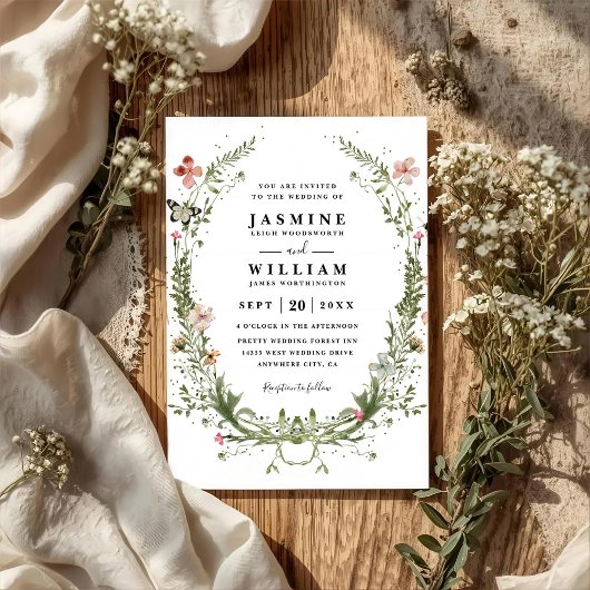 Wildflowers Spring Wreath Rustic QR Code Wedding Kaart