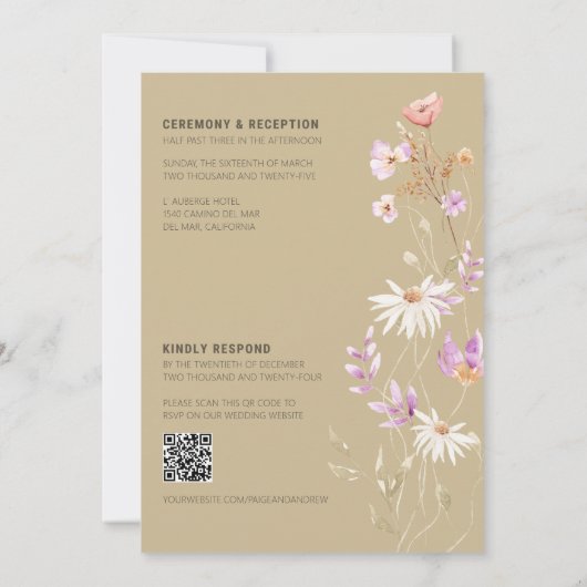 Wildflowers Tan Farmhouse Bruiloft uitnodiging 2 (Achterkant)