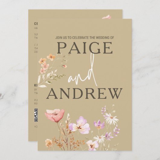 Wildflowers Tan Farmhouse Bruiloft uitnodiging 2 (Voorkant / Achterkant)