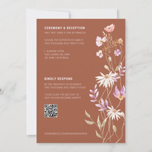 Wildflowers Teracotta Boerderij Huwelijksuitnodigi Kaart (Achterkant)