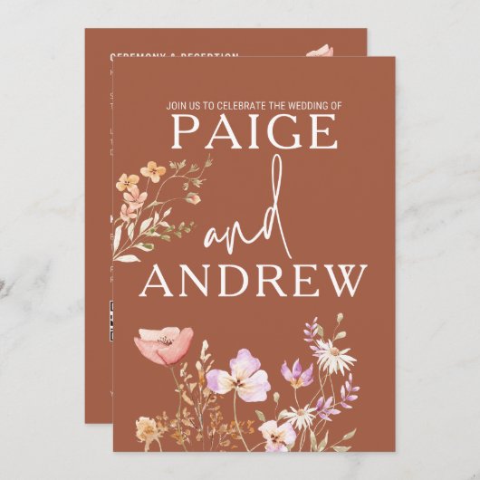 Wildflowers Teracotta Boerderij Huwelijksuitnodigi Kaart (Voorkant / Achterkant)