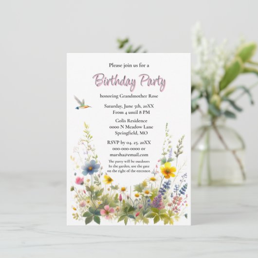 Wildflowers verjaardagsfeestje uitnodiging (Staand voorkant)
