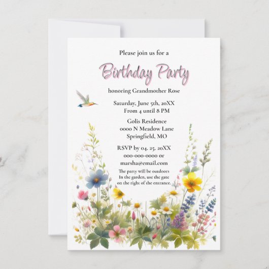 Wildflowers verjaardagsfeestje uitnodiging (Voorkant)