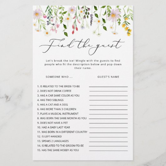 Wildflowers Vind het gast vrijgezellenfeest spel (Voorkant)