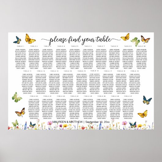 Wildflowers Vlinders 27 Tafels Trouwstoelen Poster (Voorkant)