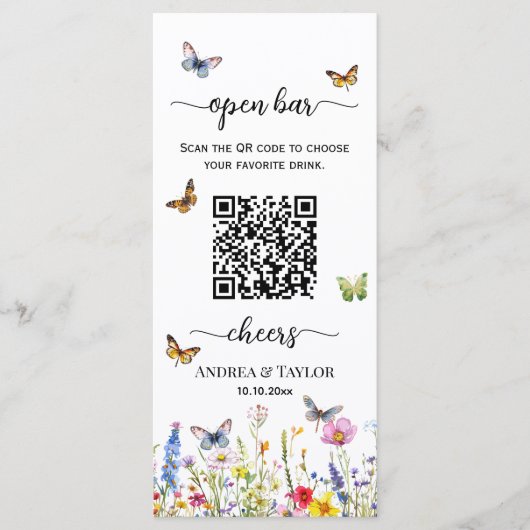 Wildflowers Vlinders QR Code Huwelijk Open Bar Menu (Voorkant)