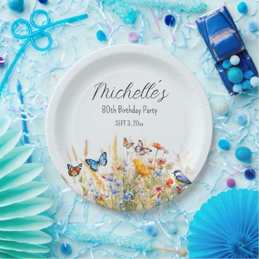 Wildflowers Vlinders Vogels Verrassing 80e Papieren Bordje (Feest)