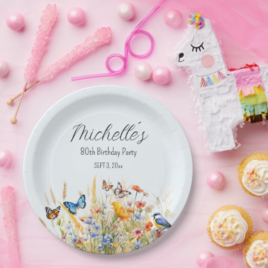Wildflowers Vlinders Vogels Verrassing 80e Papieren Bordje (Feest)