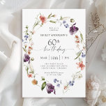 Wildflowers Vrouwelijke Bloemen 60ste Verjaardagsf Kaart<br><div class="desc">Vier een 60e verjaardag in een mooie vrouwelijke stijl met deze moderne bloemen wildflowers verjaardagsfeestje uitnodiging. Een prachtige waterverf geschilderde krans van gemengde wilde bloemen in tinten van roze, paarse, perzik, blauw en wit met verspreid groen maken deze uitnodigende pop met stijl. Personaliseer de tekst sjabloon met uw partij info....</div>