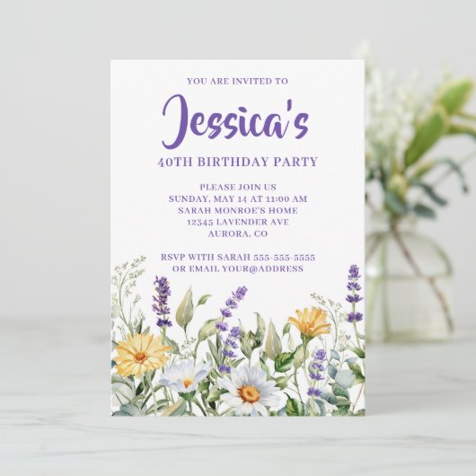 Wildflowers Waterverf Border 40e verjaardag Kaart (Staand voorkant)