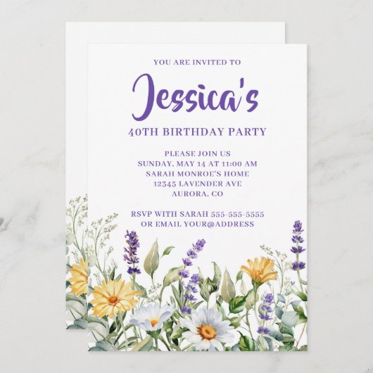 Wildflowers Waterverf Border 40e verjaardag Kaart (Voorkant / Achterkant)
