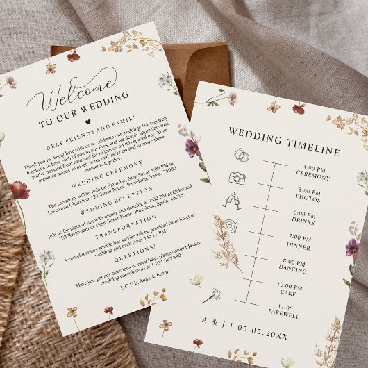 Wildflowers Wedding Welkom Tijdlijn Iconen Kaart
