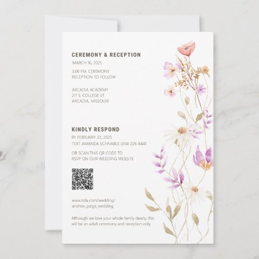 Wildflowers White Chic Wedding Invitation #3 nieuw Kaart (Achterkant)