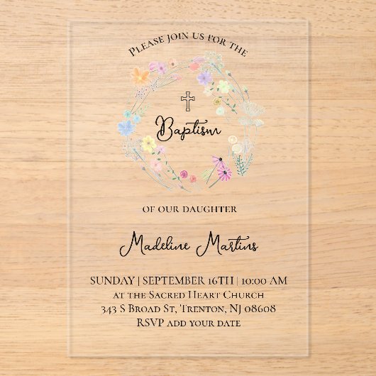  wildflowers wreath Baptism Invitation Acryl Uitnodigingen (Voorkant)