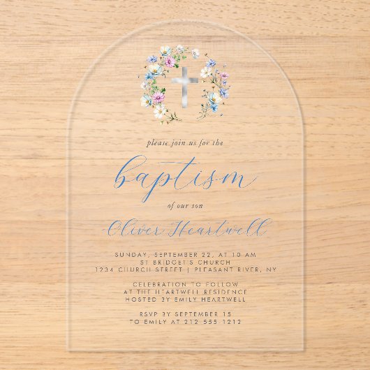Wildflowers Zilver Kruis Blauw Script Boy Doop Acryl Uitnodigingen (Voorkant)