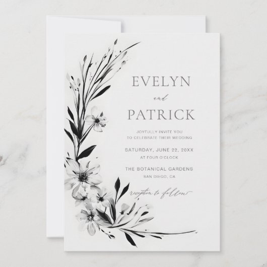 Wildflowers Zwart Modern Romantisch Elegant Huweli Kaart (Voorkant)