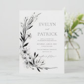 Wildflowers Zwart Modern Romantisch Elegant Huweli Kaart (Staand voorkant)