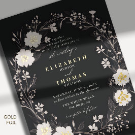 Wildflowers Zwart Wit Vet Goud Elegant Huwelijk Folie Uitnodiging