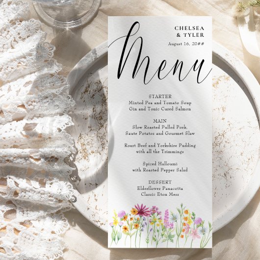 Wildflowerweide Elegant Script Bruiloft Menu