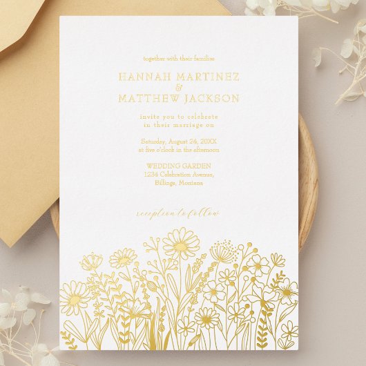 Wildflowes Elegante Chic Gold Wedding Folie Uitnodiging