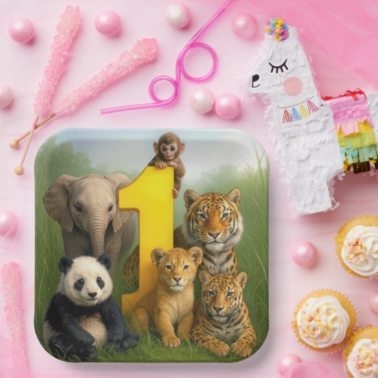 Wildlife Animal Babies With a Number One Papieren Bordje (Feest)