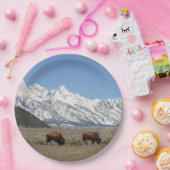 Wildlife Bison Mountains Sneeuwfoto Papieren Bordje (Feest)