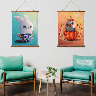 wildlife cute Forest animals : Owl, & Rabbit Hangend Wandkleed